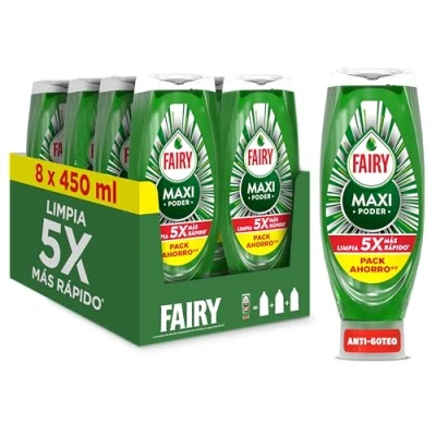 Imagen de Fairy Maxi Poder Lavavajillas Liquido a Mano, 3,6 L (8 x 450 ml), Con Antigrasa, Limpieza Facil Platos, Ollas Y Sartenes Mas Grasientas