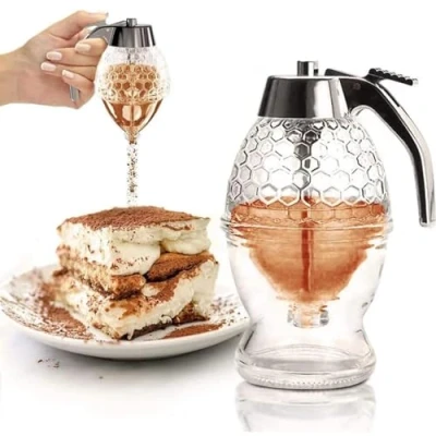 Imagen de Jadeshay Dispensador de miel,200 ml jarabe Sirope con Soporte e Mango mano,Dispensador miel Abeja Transparente batido