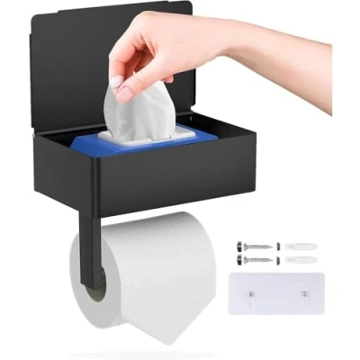 Imagen de Portarrollos Papel Higienico GUIGUZI Negro Porta Rollo Baño con Estante Rollos de Caja pañuelos Taladro o Autoadhesivo Instalar para Cocina y