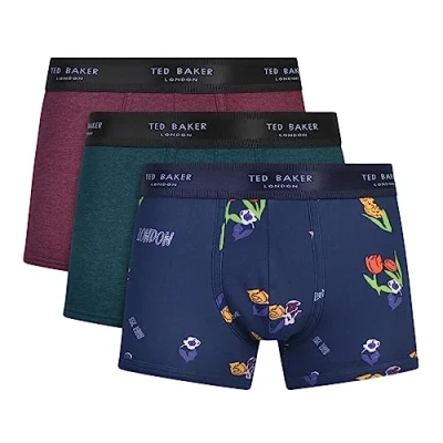 Imagen de Ted Baker Paquete de 3 baúles algodón Bañadores Ajustados para Hombre, Jardín botánico/Port Royale/Keppel Navy, XL