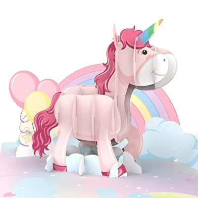 Imagen de MOKIO® Tarjeta Pop Up Unicornio rosa con arcoíris de felicitación 3D para un cumpleaños, regalo emergente sobre