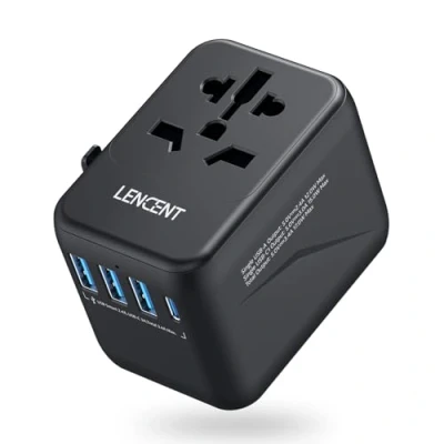 Imagen de LENCENT Adaptador Viaje Universal, Cargador Internacional con 3 Puertos USB y Carga PD Tipo C para Móvil, Portátil, Enchufe Más de 200 Países (USA, UK EU AUS), Negro