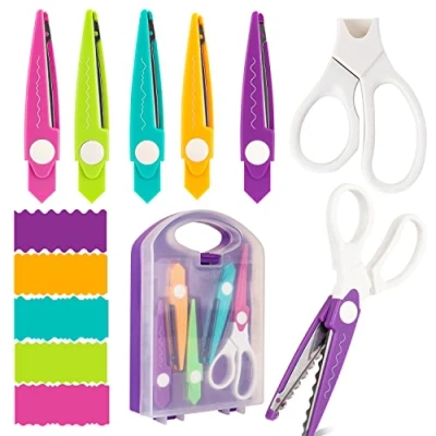 Imagen de Juego de 6 tijeras manualidades decorativas borde papel con caja almacenamiento, 5 tipos bordes en zig zag ideales para fotos, álbumes recortes, oficina, escuela, manual casa