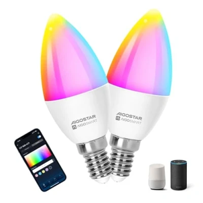 Imagen de Aigostar Bombilla Inteligente E14 SL2 Alexa LED 6.5W Bombillas Wifi RGB &amp; 2700K 6500K Regulable, Sincronización con la música, Conexión rápida, compatible y Google Home, 2 Unidades.