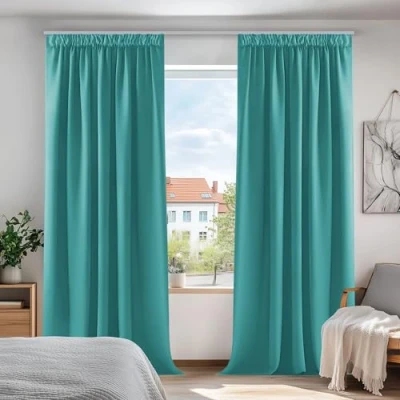 Imagen de Deconovo Cortina Opaca Termica Aislante para Habitacíon Infantil Fruncida 2 Piezas 140 x 175 cm Turquesa
