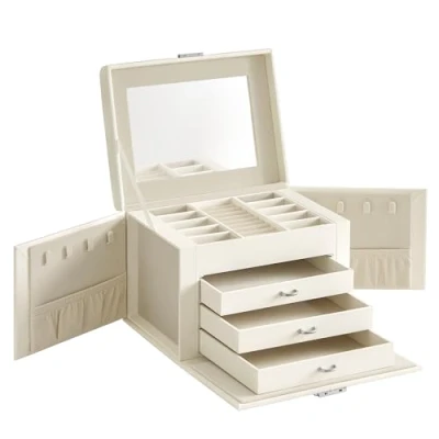 Imagen de SONGMICS Caja Joyero de 4 Niveles, para Joyas con Asa, 3 Cajones, Espejo, Cerradura, Viajar, Regalo, Superficie Blanco Nube y Forro Crema JBC159W02