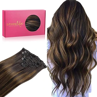 Imagen de WENNALIFE Extensiones Clip Pelo Natural, 45cm 120g 7 Piezas, Balayage Marrón Oscuro Mezcla de Castaño Natural Remy Cabello Postizos Mujer