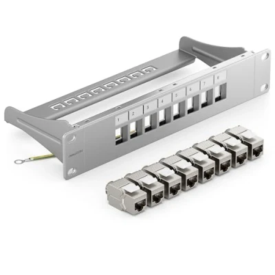 Imagen de deleyCON 8 Puerto Panel de Parches Conjunto Modular 1 HE 10&quot; Pulgadas Instalación en Rack + Módulos RJ45 Keystone CAT6a Compatible con CAT5 CAT6 CAT7 LAN Cables Red Descarga Gris