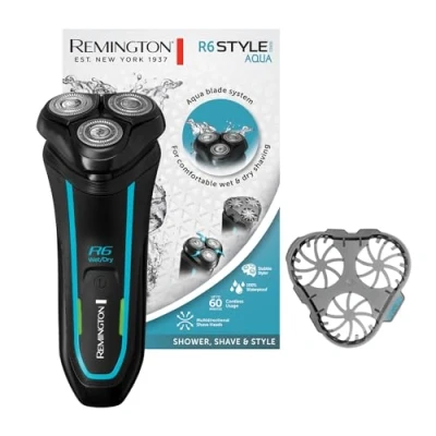 Imagen de Remington Afeitadora Rotativa R6 Style Aqua Máquina de Afeitar Inalámbrica, Cuchillas Flexibles Dual Track, Cabezal Pivotante, Cortapatillas, 60 min Autonomía, Resistente al Agua, Carga USB R6000