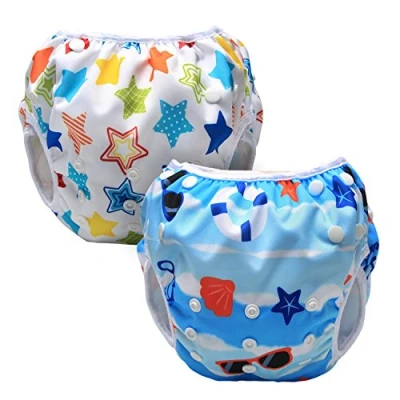 Imagen de Luxja Pañal de Natación para Bebes Bañador Reutilizable Nadar Bebé Lavable (0 3 años), Playa + Estrellas Coloridas