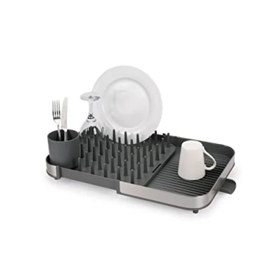 Imagen de Joseph Duo Escurreplatos Extensible sobre Fregadero, Escurridor Platos De Cocina con Soporte para Utensilios y Caño Drenaje, Acero Inoxidable, Gris