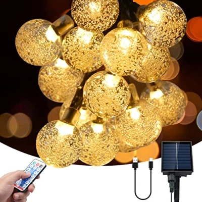 Imagen de shenkey Solar Lichterkette, 60 LED Kugel Lichterkette mit Fernbedienung, /USB betrieben, wasserdicht für Garten, Innen und Außendekorationen (Warmweiß)