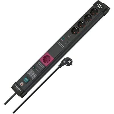 Imagen de Brennenstuhl Premium Line regleta enchufes de 5 tomas con protección contra sobretensiones y función Main Follow (cable 3m, interruptor, hasta 60.000A, montable, Made in Germany) negro