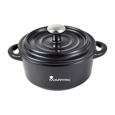 Imagen de MasterPro Cook &amp; Share Mini Cocotte Redonda con Tapa de 12.9 x 9.8 4.4/7.1 cm, Ideal para Compartir, Fabricado en Gres Interior y Exterior Esmaltado Negro, Apta Lavavajillas Horno