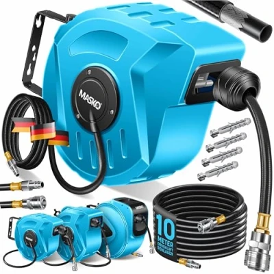 Imagen de MASKO® Enrollador de manguera aire comprimido automática, Conexión 1/4, mangueras, Soporte mangueras montado en la pared, comprimido, azul, 10m