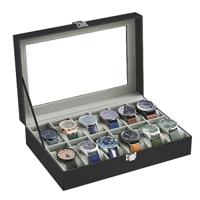 Imagen de SONGMICS Caja de Relojes con 12 Compartimentos, Estuche Tapa Cristal, Cojín Extraíble, Cierre Metálico, Idea Regalo, Cuero Sintético Negro y Forro Gris JWB12BK