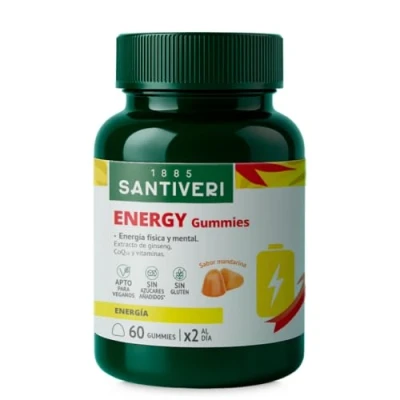 Imagen de SANTIVERI Energy Gummies, Complemento Alimenticio a Base de Extracto Seco Ginseng, Coenzima Q10 y 8 Vitaminas, Contribuye al Mantenimiento la Energía Disminuir el Cansancio 60 Gummies