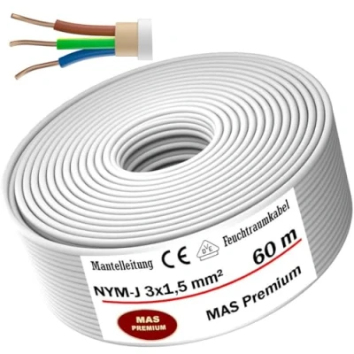 Imagen de Anillo de cable eléctrico resistente a la humedad para colocar sobre, dentro y debajo yeso, en habitaciones secas, húmedas mojadas Made in Germany (NYM J 3x1,5 mm², 60m)
