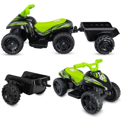 Imagen de COIL Quad eléctrico infantil Mini con remolque batería de 6 V, cargador, 3 km/h, multifuncional, estable, respetuoso el medio ambiente, seguro y silencioso, para niños a partir años