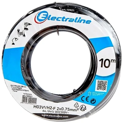 Imagen de Electraline 10921, Cable para Extensiones H03VVH2 F, Sección 2x0,75 mm, 10 mt, Negro
