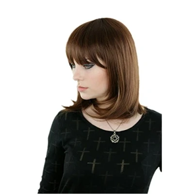 Imagen de Prettyland C260 40cm Peluca de media a larga melena con flequillo recto y unas mechas doradas Color castaño natural