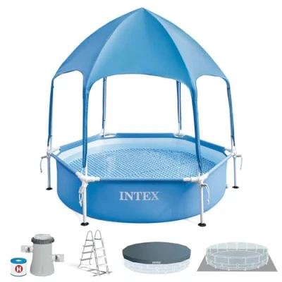 Imagen de Intex Piscina Desmontable Hexagonal, Metal Frame, Ø183x38 cm, 700 litros, Montaje 10 min, Incluye toldo UPF 50+ con difusor de Agua, Depuradora, Cobertor, Tapiz, Escalera, +3 años (56031)
