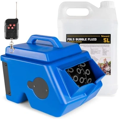 Imagen de BeamZ B1500 máquina de burbujas profesional con 5L líquido incluido, doble rueda, 2 ventiladores, control remoto, depósito 2L, ideal para fiestas, eventos y animación