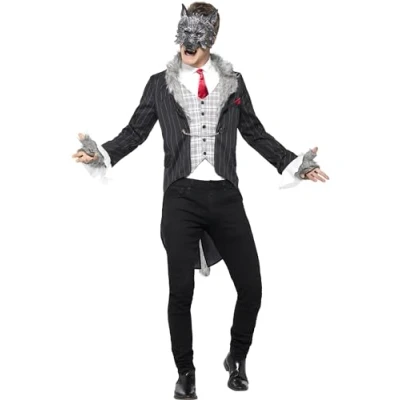 Imagen de Smiffys Disfraz de gran lobo feroz, deluxe, Gris, con chaqueta, cola quita y pon, camisa falsa, máscara guantes