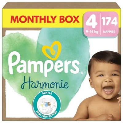 Imagen de Pampers Pañales para bebé tamaño 4 (9 14 kg) armonía, caja mensual, protección suave de la piel e ingredientes a base plantas, 174 unidades