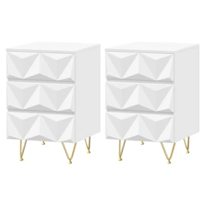 Imagen de EUGAD Juego de 2 Mesita Noche con 3 Cajones Efecto 3D, Mesilla Dormitorio Elegante y Moderno, Mesa Auxiliar Salon Patas Metal, 40x40x62,5 cm, Blanco+Dorado, 0004CTG