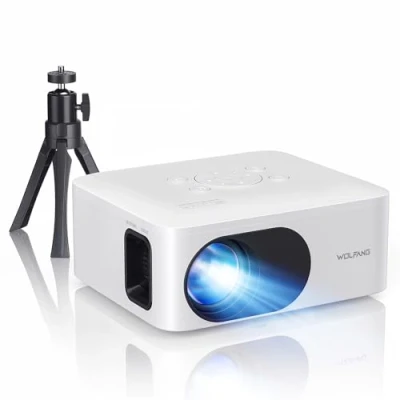Imagen de WOLFANG Mini Proyector Portátil con Tripode, Videoproyector Soporta HD 1080P, corrección Trapezoidal, Zoom, Compatible Móviles, Teléfonos, PC, PS5, USB, HDMI, SD, AV, Tarjeta de Memoria