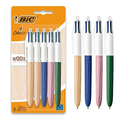 Imagen de BIC 4 Colours Wood Style Bolígrafos Retráctiles de Punta Media (1,0 mm) con Cuerpo efecto Madera Pack 5