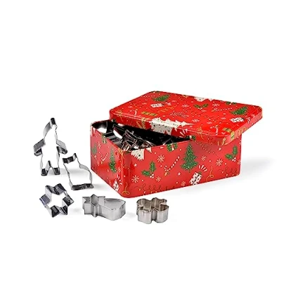 Imagen de patisse 13720 Caja de metal rojo impreso árbol Navidad que contiene 25 cortadores o lleva piezas acero inoxidable surtidos abeto, duende, ángel, estrella, gingerman, azúcar cebada…