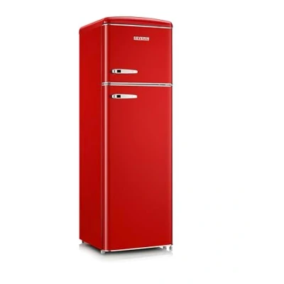 Imagen de Severin frigorífico congelador retro, refrigerador en diseño retro con aplicaciones cromadas, volumen neto 246 L, parte superior, iluminación LED, 1 7C, 39 dB, rojo, RKG 8983 [CEE D]