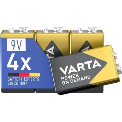 Imagen de VARTA Pilas de Bloque 9V, paquete 4, Power On Demand, alcalinas, flexibles, potentes, para detectores Incendios, Humo