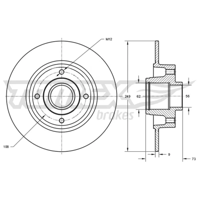 Imagen de TOMEX brakes TX 73 611 Disco de freno Eje trasero 249 9 4 108 macizo barnizado con anillo sensor ABS, cojinete rueda CITROËN: C4 Picasso 1