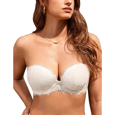 Imagen de DOBREVA Sujetador de Encaje Push Up sin Tirantes para Mujer con Aros y Relleno Coco Blanco 95C