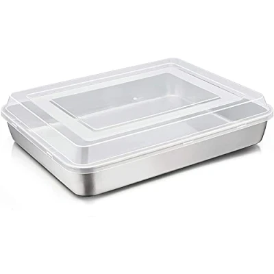 Imagen de Joyfair Molde para tartas, de acero inoxidable con tapa hermética, 31 x 24 5 cm, bandeja rectangular hornear, guardar pasteles, brownie, lasaña, resistente y apto lavavajillas
