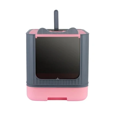 Imagen de bandeja para gatos grande y conejos, gatos, de arena acero inoxidable, casita automática autolimpiante, 44,5 x 36,5 34,5 cm rosa