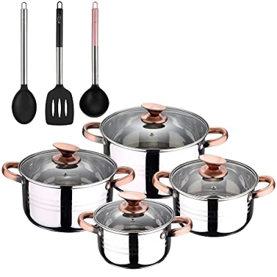 Imagen de San Ignacio Bateria de cocina 8 piezas apta para induccion, Altea en acero inoxidable con set 3 utensilios nylon, PK3237