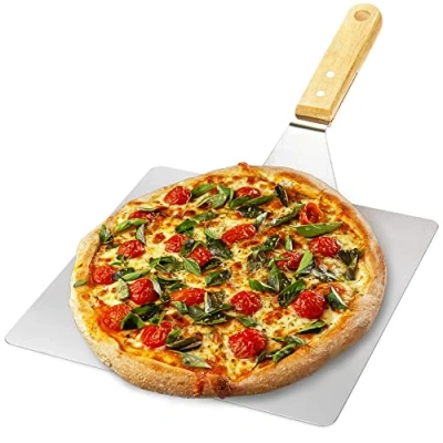 Imagen de COM FOUR® Pala de acero inoxidable Servidor con mango madera Para pizza, tarta flambeada, pasteles, panecillos y pan (plateado/marrón angular)