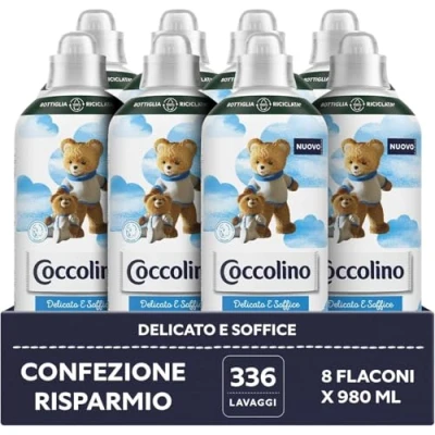 Imagen de Coccolino Suavizante concentrado delicado y suave, hipoalergénico dermatológicamente probado, formato hasta 336 lavados, 8 unidades de 980 ml