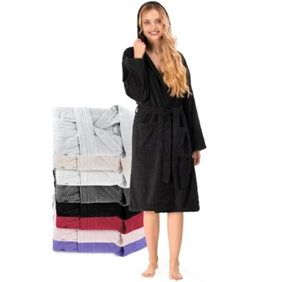 Imagen de Twinzen Albornoz para señoras 100% algodón turco libre de químicos, capucha, 2 bolsillos, cinturón, suave, absorbente Negro, talla: XS Grande
