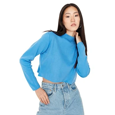 Imagen de Trendyol Suéter Regular Liso de Cuello Redondo Sudadera, Azul, M para Mujer