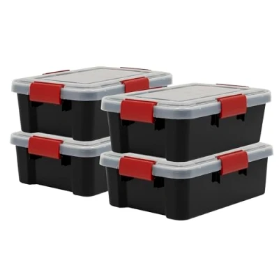 Imagen de Iris Ohyama 4 Cajas herméticas de plástico con tapa y cierres a presión, 10L, Negro, sello impermeable, apilables, antipolvo, para ropas, camping, exteriores, cubo almacenaje, box, AT S