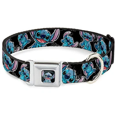 Imagen de Buckle Down Seatbelt Dog Collar Black/Gray/Blue 1.5&quot; Wide Fits 16 23&quot; Neck Medium Moda para Mascotas, Nailon, Stitch Poses/Hibiscus Sketch Negro/Gris/Azul