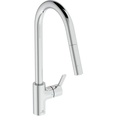 Imagen de Ideal Standard Grifo mezclador monomando para fregadero de cocina, caño alto tubular con ducha mano ajustable y extraíble dos funciones, cromado