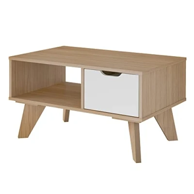 Imagen de MOMMA HOME Mesa Centro con Cajon, Mesita de Salón o Comedor, Modelo PERVIP, Acabado en Roble y Blanco, Medidas: 80 cm (Ancho) x 50 (Fondo) 44 (Alto)
