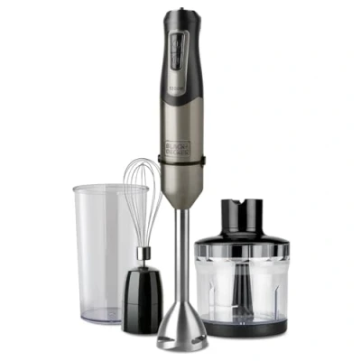 Imagen de Black+Decker BXHBA1200E Batidora de Mano, 1200W, 20 Velocidades y Turbo, Cuchillas Acero Inoxidable 4 Filos, Antisalpicaduras, Ligera Ergonómica, Set Completo Accesorios