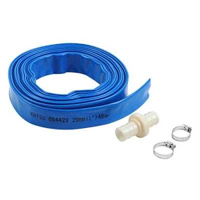Imagen de KATSU Manguera Plana para Descarga de Agua 20 m x 38 mm, con 2 Clips y Conector, Se Adapta a Bombas Sumergibles Otras Drenar Estanques, Riego Jardines, Piscinas, Azul 664423